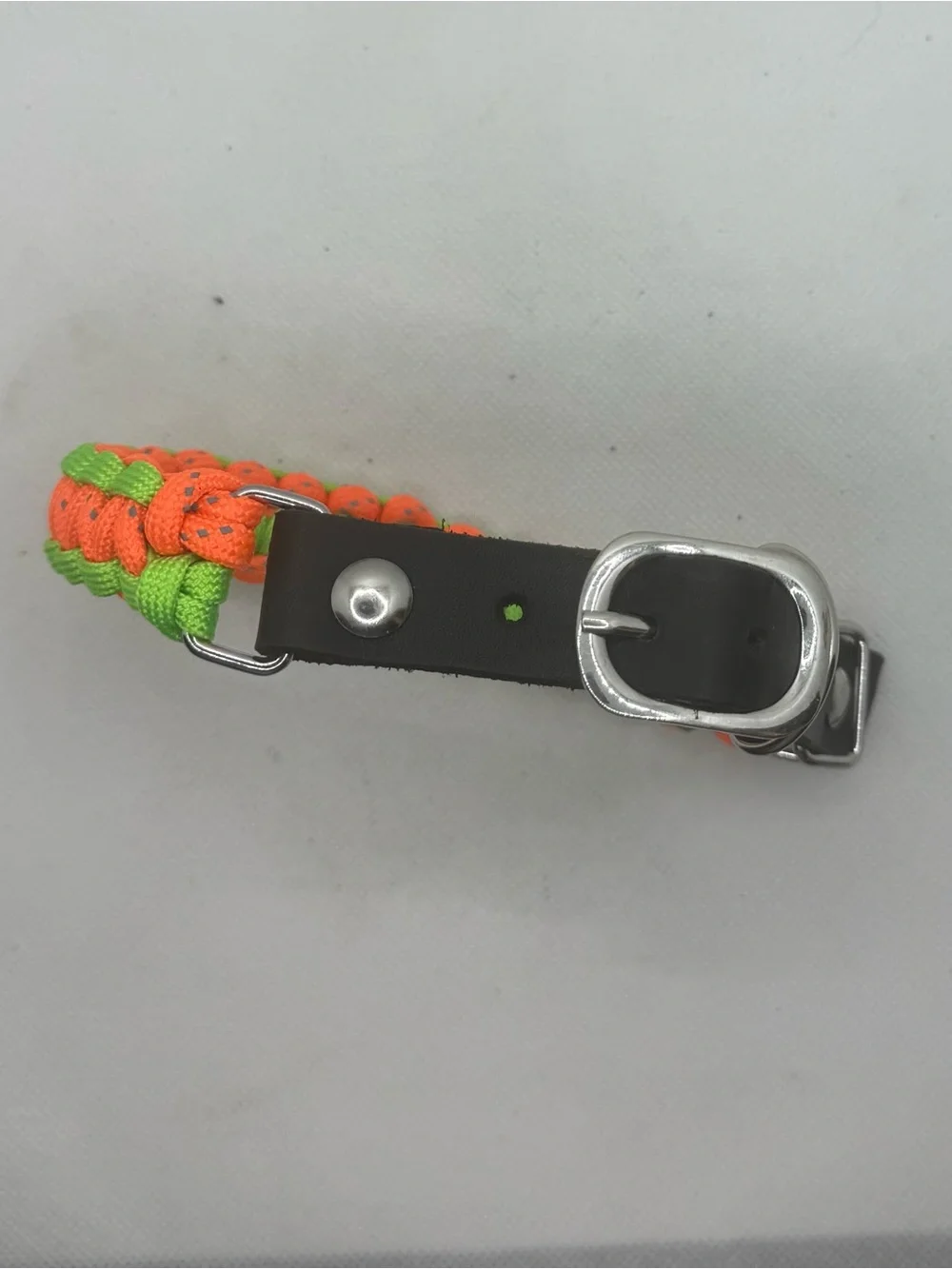 Handmade Reflective Paracord Dog Collar, Leather Adjustable Neon Green Orange